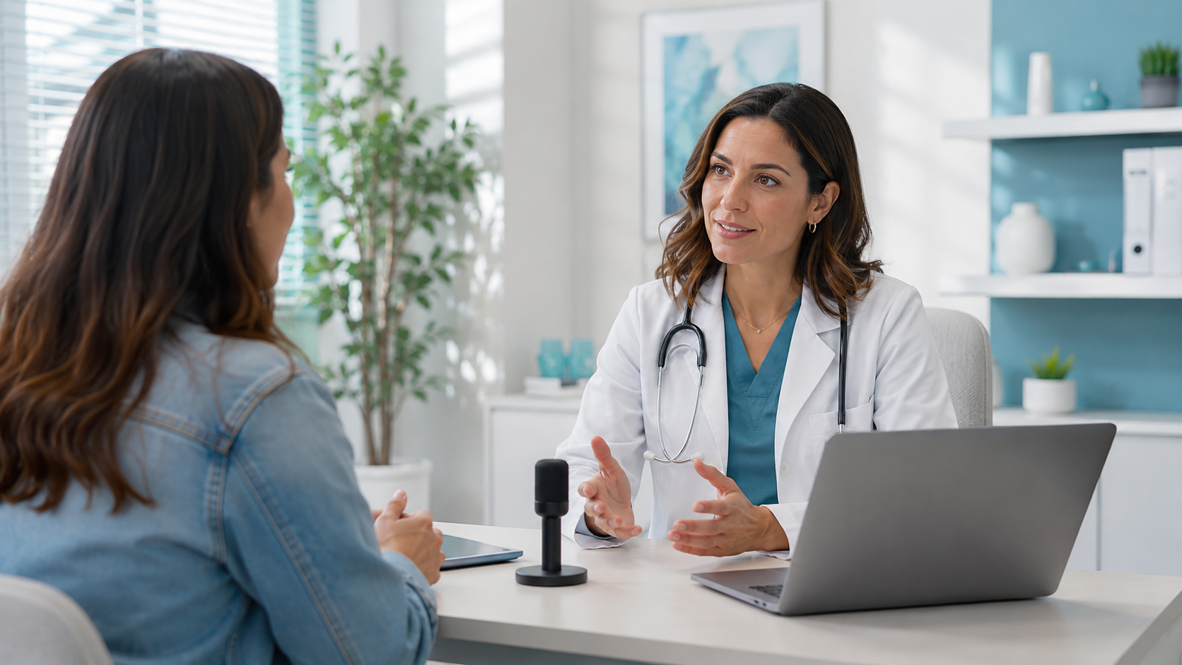 Ärztin spricht mit einer Patientin, Mikrofon nimmt das Gespräch auf