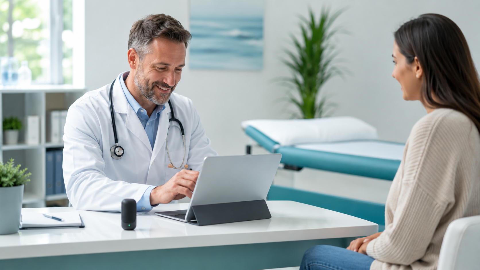 Arzt dokumentiert das Patientengespräch am Tablet, Mikrofon auf dem Tisch
