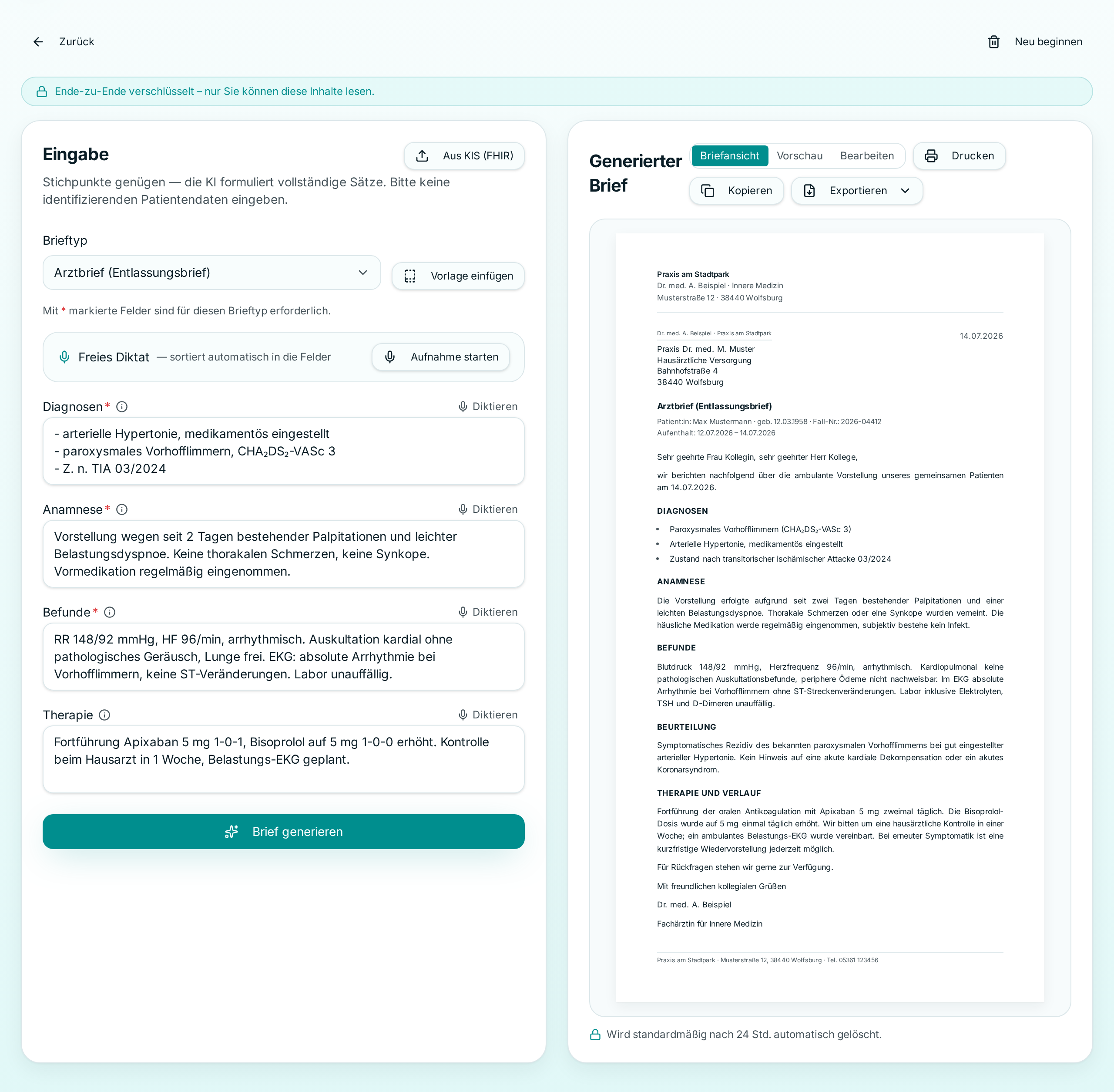 Scribamed Editor: links Stichpunkte zu Diagnosen, Anamnese und Befunden, rechts der fertig gesetzte Arztbrief in der druckfertigen A4-Briefansicht