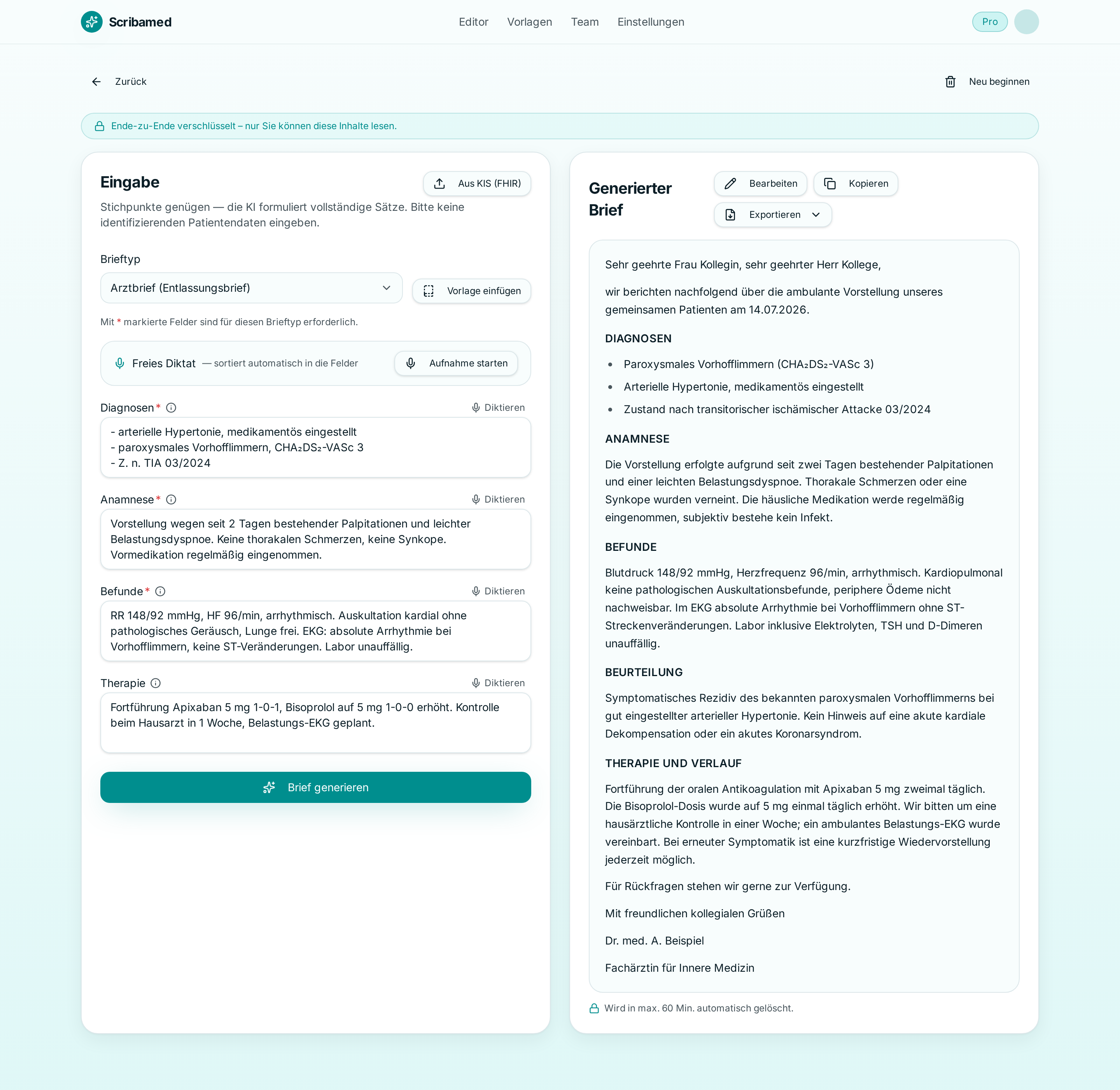 Scribamed Editor: links Stichpunkte zu Diagnosen, Anamnese und Befunden, rechts der fertig formulierte, verschlüsselte Arztbrief